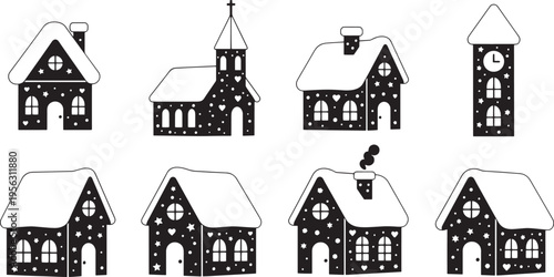 Charming collection of monochrome winter village buildings, including snow-covered houses, a quaint church, and a classic clock tower, perfect for seasonal designs and holiday themes