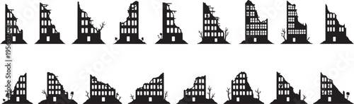 Vector silhouette collection of various ruined and damaged city buildings, depicting urban destruction, decay, and the aftermath of disaster or conflict in a desolate landscape