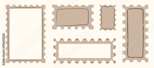 Geometric vintage crayon stamp set. Hand drawn frames with ripped newspaper, gazette texture. Borders for postcard, stickers, wedding invitations. Doodle collection. Isolated vector illustration.