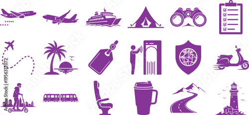 Colorful travel and transportation icons collection isolated on transparent background
