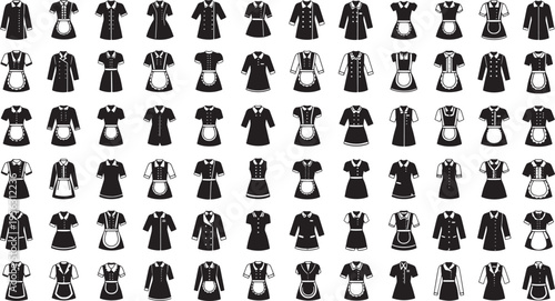A diverse collection of black and white vector icons, depicting female uniforms and service attire, perfect for representing hospitality and domestic work roles