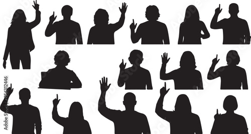 Silhouettes of people raising hands in various poses together
