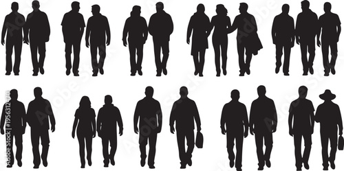 Silhouettes of people walking in various groups and pairs