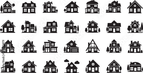 A vast collection of house silhouettes, featuring diverse architectural styles and residential dwelling designs, perfect for real estate, home ownership, and property graphics