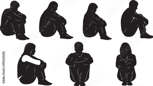 Silhouettes of people sitting in various sad poses together
