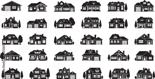 A comprehensive vector collection featuring a variety of suburban residential house silhouettes, perfect for real estate, architectural, and community design projects, showcasing diverse home styles