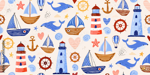 Nautical themed seamless pattern with boats dolphins and lighthouse illustrations