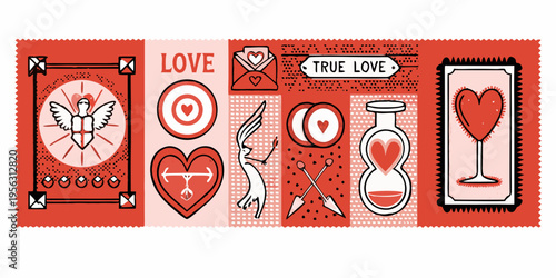 A colorful illustrative composition depicting various symbols of love and romance