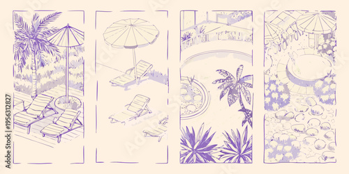 Aerial view sketches of poolside scenes with lounge chairs and umbrellas