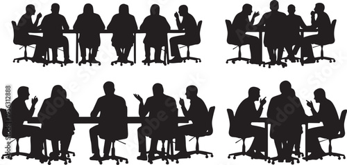 Silhouettes of business people in meeting discussions and presentations