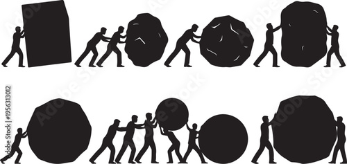 Silhouette of people pushing large objects in various stages