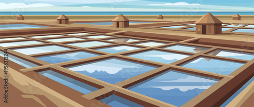 Aerial view of a vast salt farm with numerous square pools and small huts nearby under a clear blue sky on a sunny day p22.eps