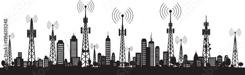 Urban cityscape silhouette with a multitude of communication towers, symbolizing global connectivity and the advanced technological infrastructure of a modern, interconnected world