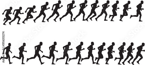 Silhouette of multiple people running in various motion sequences