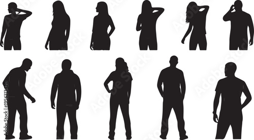 Silhouettes of people in various poses and stances together