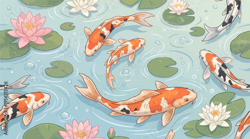 Koi fish swim among lotus flowers and lily pads in a serene pond ecosystem.