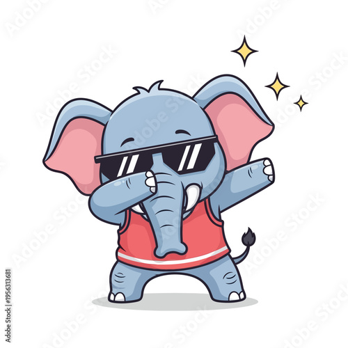 Cool Cartoon Elephant Doing Dab Dance Pose with Sunglasses and Sparkles