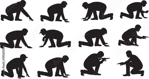 Silhouette of a man in various kneeling positions shooting
