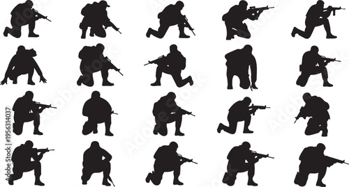 Silhouettes of soldiers in various combat positions and stances