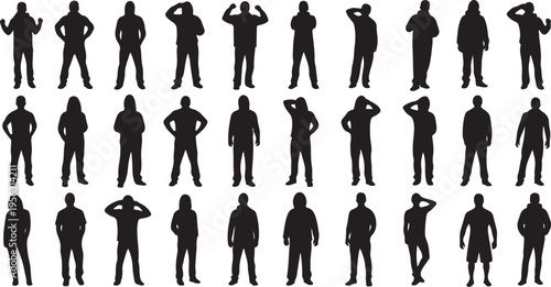 Collection of various black silhouettes of people standing confidently