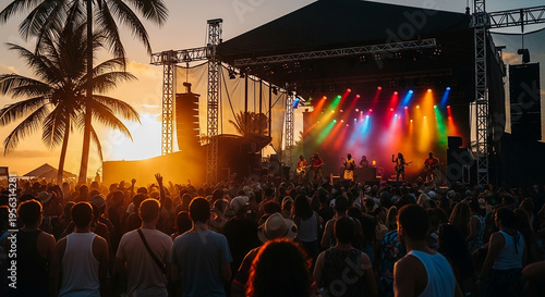 Outdoor music festival at sunset.