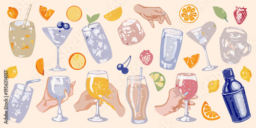 Colorful illustration of various cocktails citrus fruits and hands holding drinks