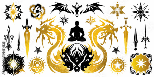 Mystical design featuring dragons swords and a meditating silhouette