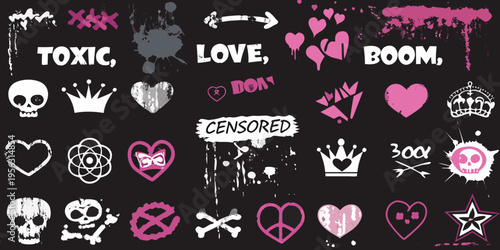 A chaotic collage of punk inspired graphics hearts skulls and bold text