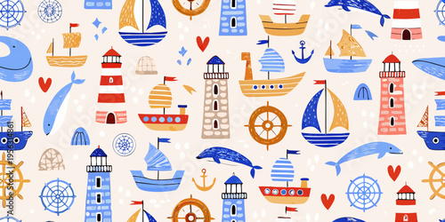 A colorful repeating pattern of boats lighthouses and marine life