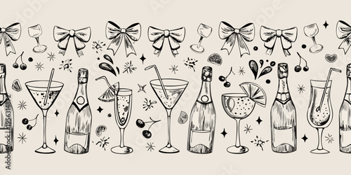 Elegant hand drawn pattern featuring champagne wine glasses and celebratory details