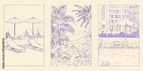 A triptych depicting a tropical poolside resort scene in sketched style