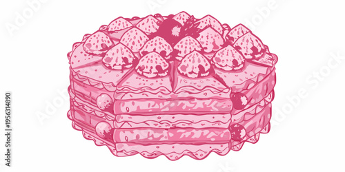 A vibrant pink sketch of a multi layered strawberry shortcake dessert