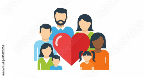 Diverse family with adults and children gathered around a large red heart symbolizing love and unity