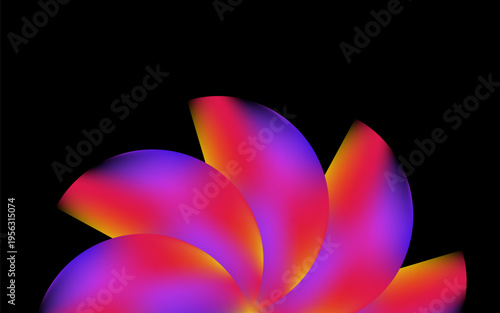 A vibrant and fluid abstract digital artwork featuring a blooming, flower-like organic structure isolated against a deep black background. The composition showcases overlapping, petal-shaped segments 