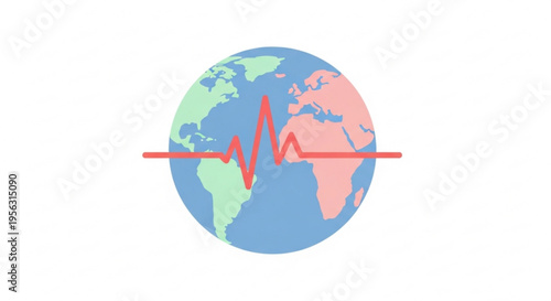 Earth with a red heartbeat line across it symbolizing global health and vitality on a white background