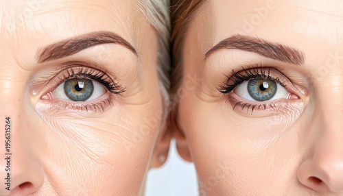 Close up of two womens eyes showing signs of aging and youth.