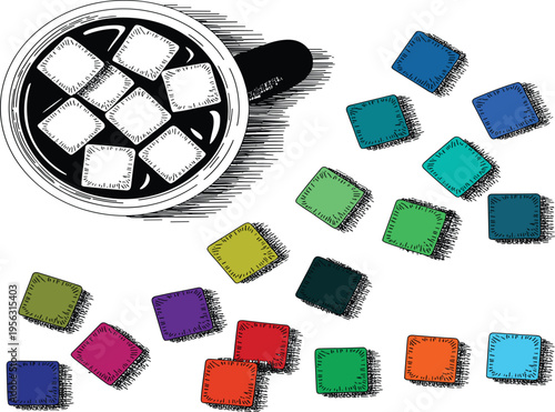 Top view vector illustration of coffee cup with colorful sugar cubes, creative caffeine break concept art