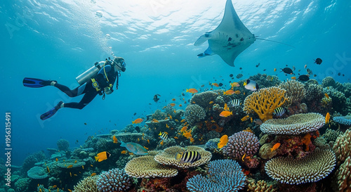 Scuba diver exploring coral reef ecosystem.