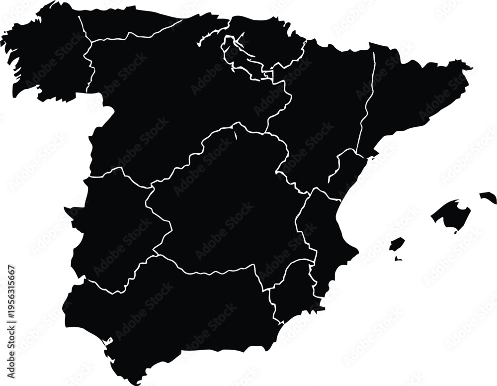 Obraz premium Black silhouette map of spain with white borders for autonomous communities on white background