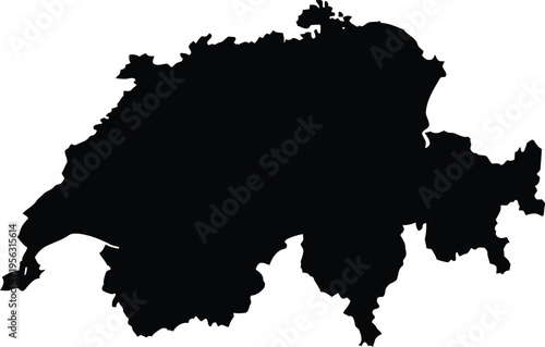 Black silhouette map of switzerland isolated on a plain white background for design projects.
