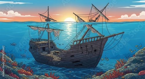 Sunken Shipwreck at Sunset - A Lost Vessels Underwater Resting Place.