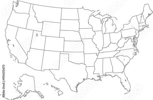 Outline map of the united states of america showing all fifty states with thin black borders