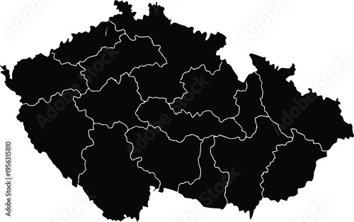 Black silhouette map of the czech republic with regional borders on a white background.