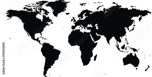 Black silhouette of a world map isolated on a white background showing all continents