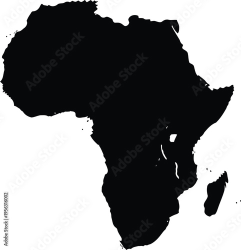 Black silhouette map of the african continent including madagascar on a plain white background