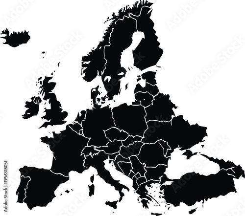 Black silhouette map of europe with white country borders on a plain white background