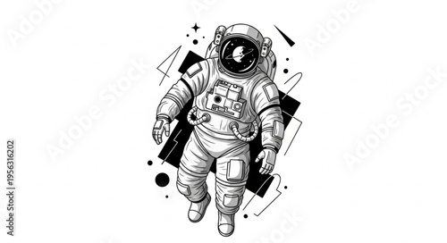Detailed Astronaut Illustration in Space Suit with Geometric Accents.