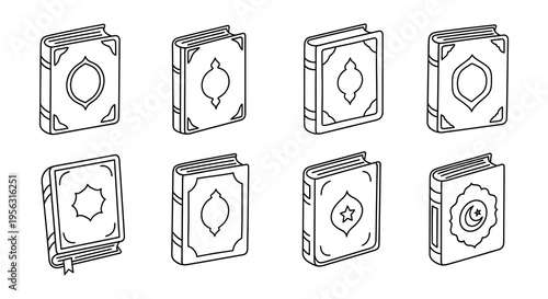 Collection of outlined islamic holy books and quran illustrations