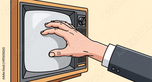 Hand Reaching into an Old Television Screen.