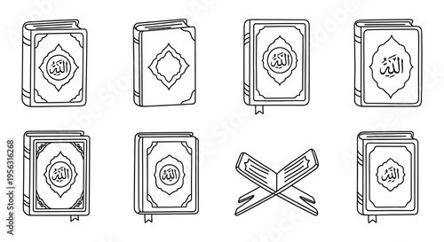 Collection of outlined islamic holy books and quran illustrations